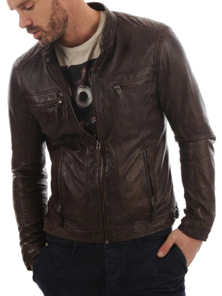 Noora Men's 100% leather FASHIONABLE BRANDED BROWN LEATHER JACKET BS-172 - Noora International