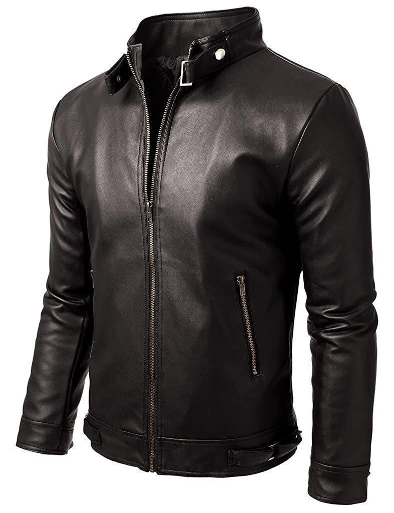 Men's Real Lambskin Black Leather Biker Jacket With Zipper & Pocket, Belted Jacket