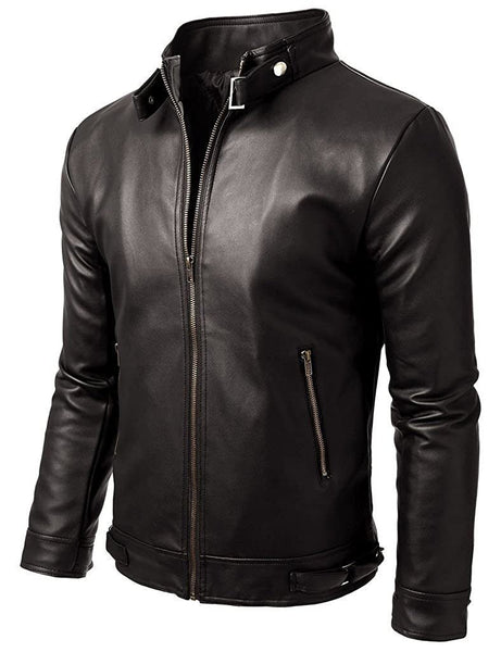NOORA Men's 100% Real Lambskin Black Leather Biker Jacket With Zipper & Pocket | Belted Jacket | ST0555 - Noora International