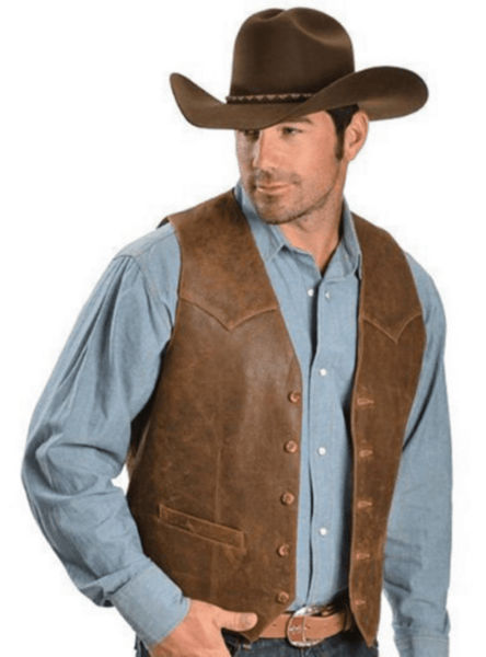 Noora Men's Antique Brown color Western Cowboy style Vest Coat With Buttons & Pockets | Brown Sleeveless Rider Leather Vest Coat SU085 - Noora International