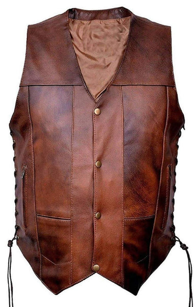Noora Mens Antique Brown Lambskin Leather Vest Coat | Brown Side Braided Leather Vest Coat | Designer Racer Leather Vest Coat SU0130 - Noora International