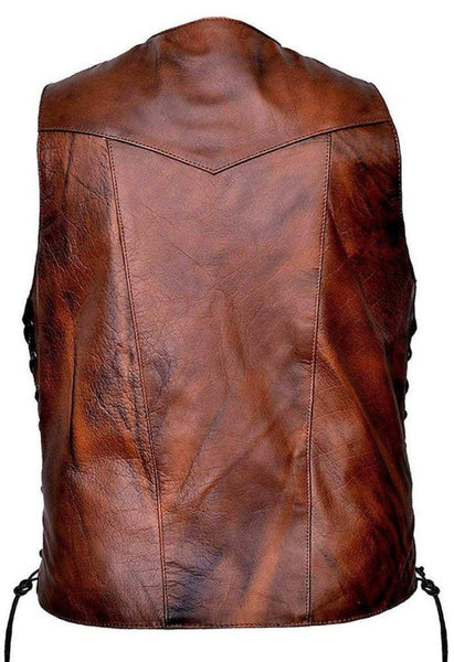 Noora Mens Antique Brown Lambskin Leather Vest Coat | Brown Side Braided Leather Vest Coat | Designer Racer Leather Vest Coat SU0130 - Noora International