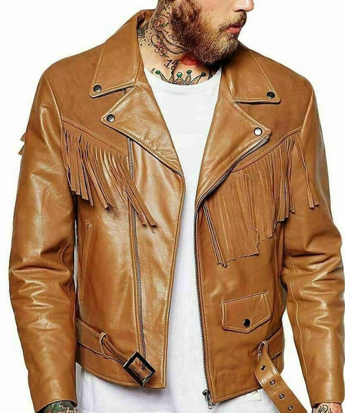 Noora Men's Asymmetrical Lambskin Leather TAN Brown Fringe Biker Jacket QD835 - Noora International