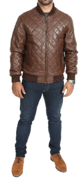 NOORA Mens Biker Motorcycle Brown Leather Jacket High quality Quilted Bomber Biker SU0432 - Noora International