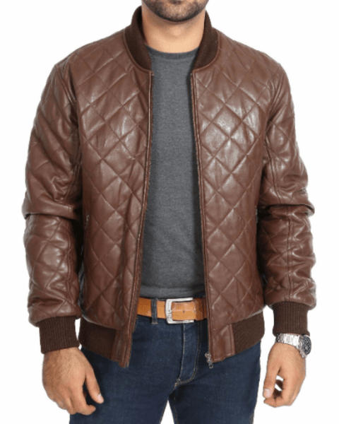 NOORA Mens Biker Motorcycle Brown Leather Jacket High quality Quilted Bomber Biker SU0432 - Noora International
