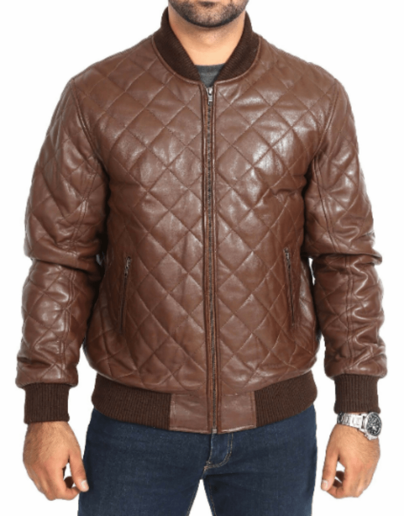 Mens Biker Motorcycle Brown Leather Jacket Quilted Bomber Biker – view 2