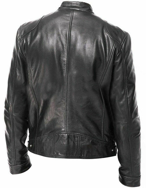 NOORA MEN'S BIKER VINTAGE CAFE RACER BLACK REAL LEATHER SLIM FIT JACKET NI-18 - Noora International