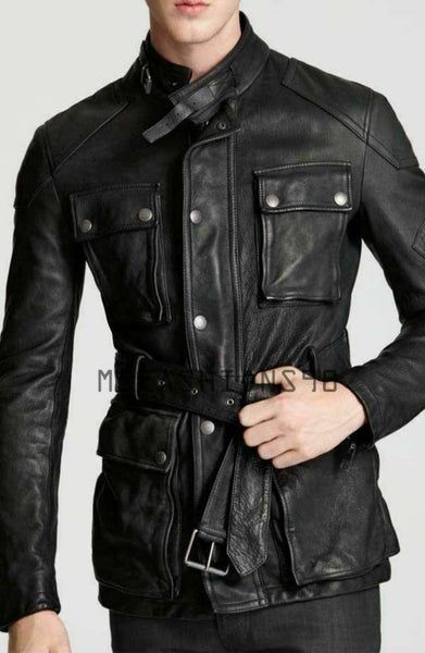 Noora Mens Black Belted Collar Leather Trench Coat With Snap Closure | Black Belted Collar Panther Leather Coat | Jet Black Trench Coat SU0126 - Noora International