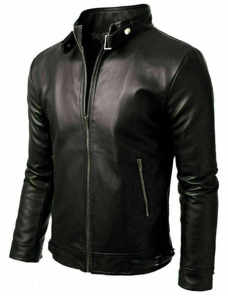 Noora Mens Black Belted Leather Jacket With YKK Zipper Jacket | Black Biker Leather Jacket | SU0127 - Noora International