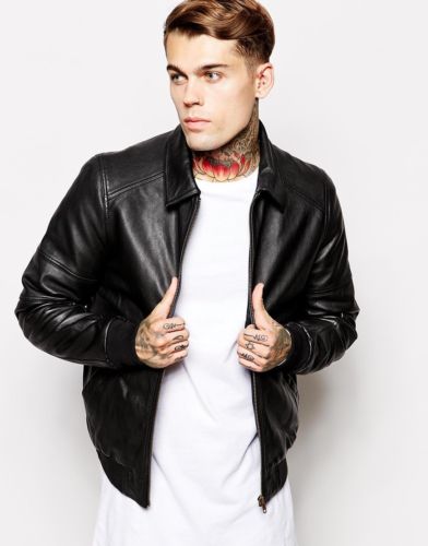 Noora Men’s Black Bomber leather Biker jacket with Shirt Collar JS - Noora International