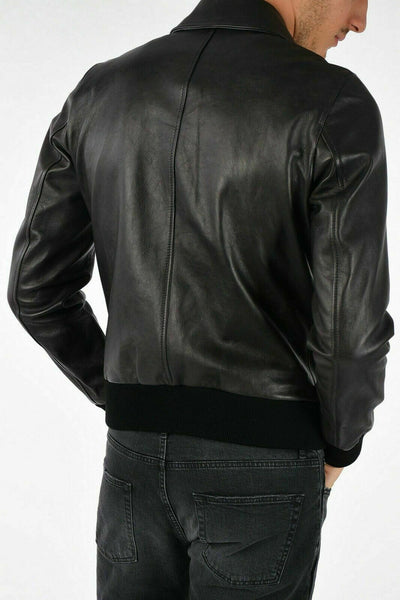 Noora Mens Black Bomber Leather Jacket With Branded YKK Zipper | Black Biker Rider Bomber Leather Jacket SU0118 - Noora International