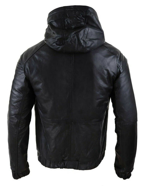 Noora Mens Black & Brown Hooded Leather Jacket With Branded YKK Zipper | Black Biker HOODED Leather Jacket | - Noora International