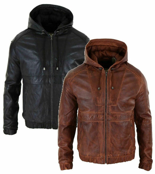 Noora Mens Black & Brown Hooded Leather Jacket With Branded YKK Zipper | Black Biker HOODED Leather Jacket | - Noora International