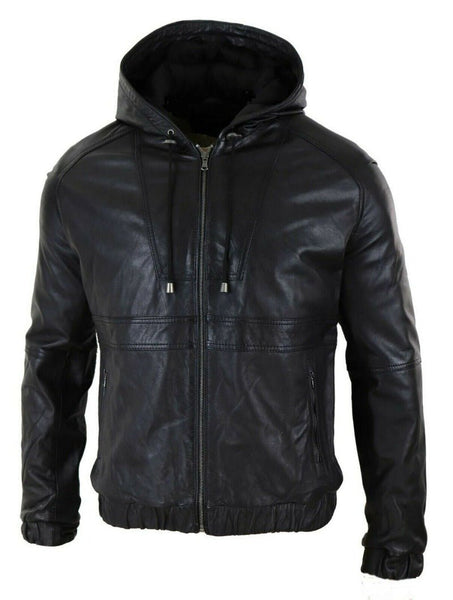 Noora Mens Black & Brown Hooded Leather Jacket With Branded YKK Zipper | Black Biker HOODED Leather Jacket | - Noora International