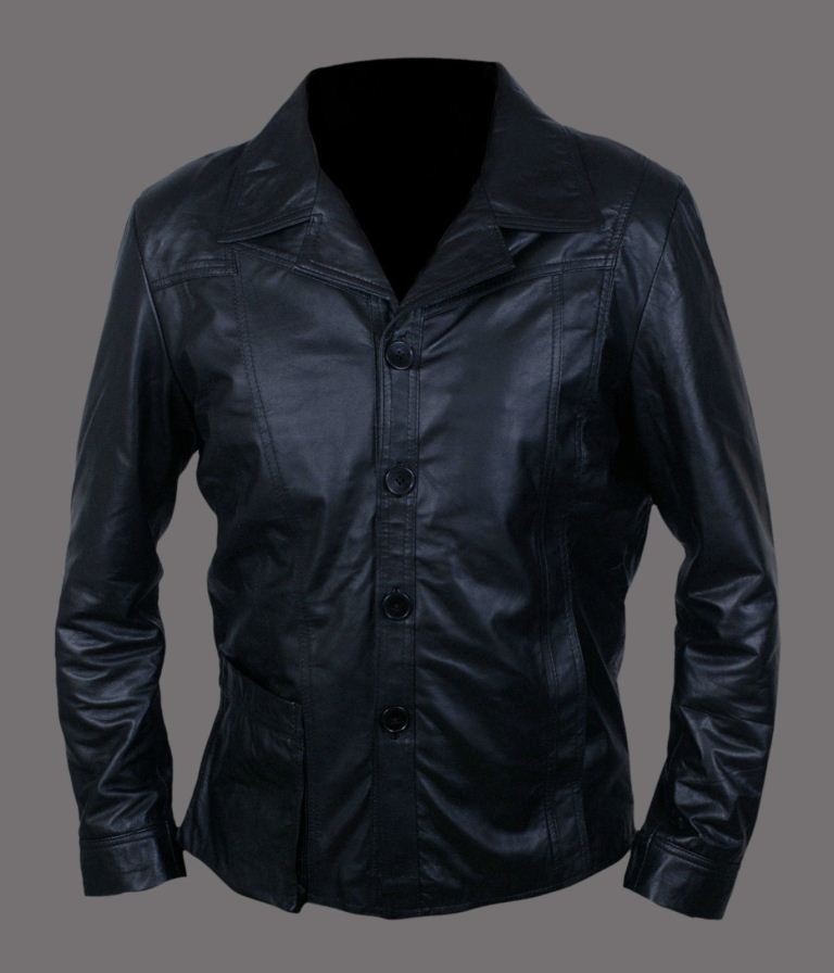 Men’s black button-up leather jacket with notched collar, Stylish Shirt