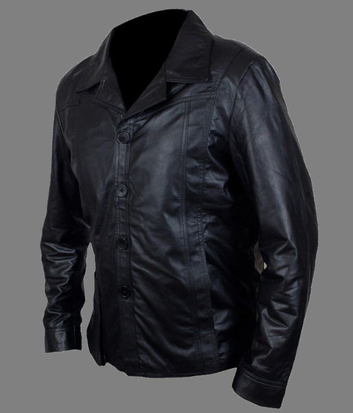 Noora Men’s black button-up leather jacket with notched collar | Stylish Shirt - Noora International