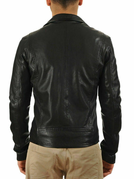 NOORA Mens Black Genuine Leather Jacket Real Lambskin Slim Fit Biker Style WA186 - Noora International