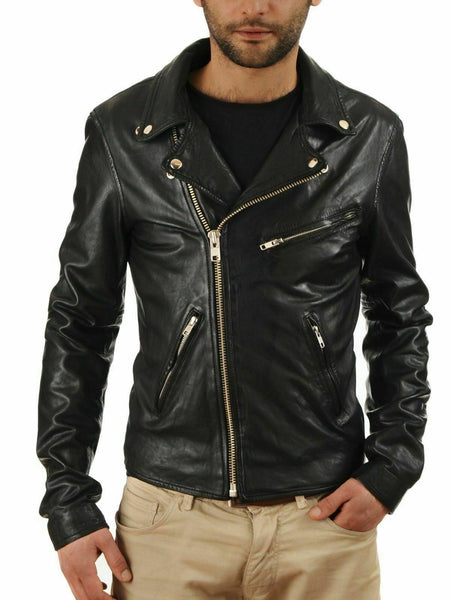NOORA Mens Black Genuine Leather Jacket Real Lambskin Slim Fit Biker Style WA186 - Noora International