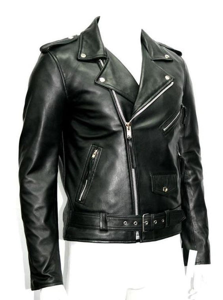 NOORA Men's BLACK Lambskin Biker Motorcycle Leather Jacket With off-centre front Zipper Closure, - Noora International