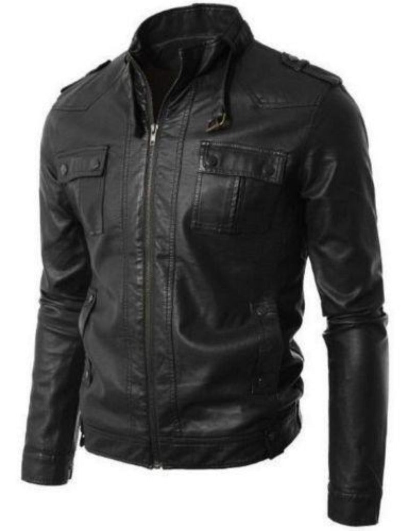 Mens Black Lambskin Leather Biker Jacket With Belted Collared Designer Biker Jacket With Pocket