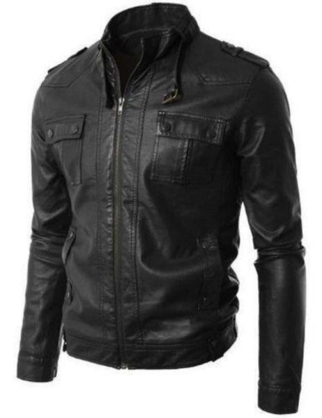 Noora Mens Black Lambskin Leather Biker Jacket With Belted Collared Designer Biker Jacket With Pocket & Zipper SU014 - Noora International
