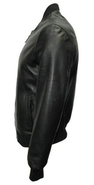 Noora Mens Black Lambskin Leather Bomber Biker Jacket | Casual Leather Jacket With Ribbed Cuff & Zipper Closure SU0133 - Noora International