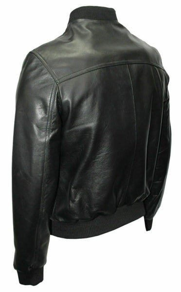 Noora Mens Black Lambskin Leather Bomber Biker Jacket | Casual Leather Jacket With Ribbed Cuff & Zipper Closure SU0133 - Noora International