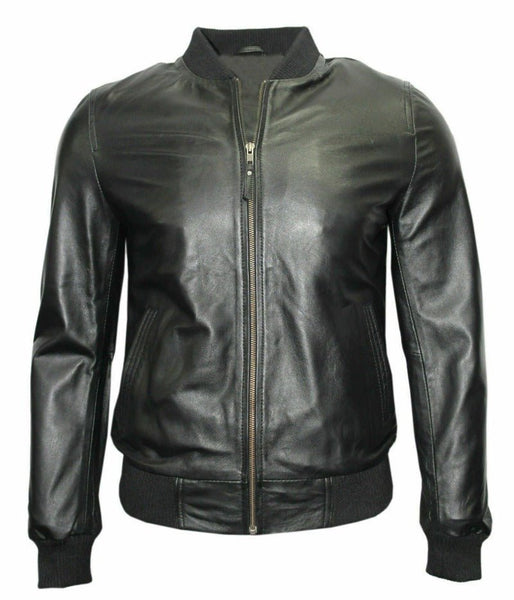 Noora Mens Black Lambskin Leather Bomber Biker Jacket | Casual Leather Jacket With Ribbed Cuff & Zipper Closure SU0133 - Noora International