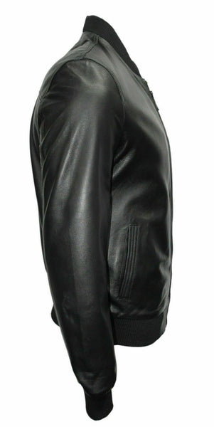 Noora Mens Black Lambskin Leather Bomber Biker Jacket | Casual Leather Jacket With Ribbed Cuff & Zipper Closure SU0133 - Noora International