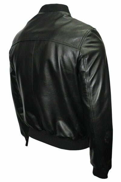 Noora Mens Black Lambskin Leather Bomber Biker Jacket | Casual Leather Jacket With Ribbed Cuff & Zipper Closure SU0133 - Noora International