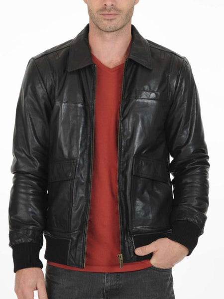 Noora Men's Black Lambskin Leather Bomber Biker Jacket With Standard Collar & Zipper Designer Handmade Black Leather Jacket SU036 - Noora International