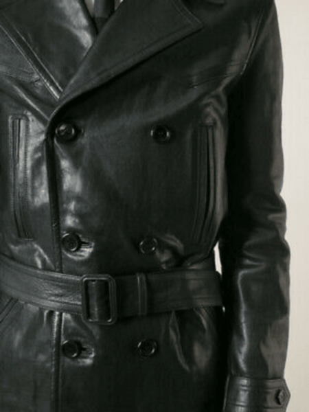 Noora Mens Black Lambskin Leather Double Breasted Trench Coat With Button | 70s Style Leather Trench Coat | Belted Black Trench Coat SU0128 - Noora International