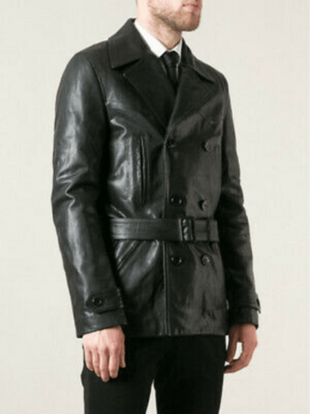 Noora Mens Black Lambskin Leather Double Breasted Trench Coat With Button | 70s Style Leather Trench Coat | Belted Black Trench Coat SU0128 - Noora International