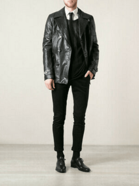 Noora Mens Black Lambskin Leather Double Breasted Trench Coat With Button | 70s Style Leather Trench Coat | Belted Black Trench Coat SU0128 - Noora International