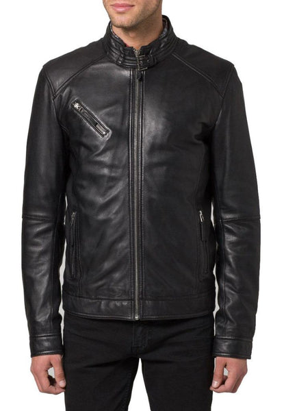 Noora Men's Black Lambskin Leather Jacket Handmade Real Leather Stand Collar Black Biker Jacket For Men - Noora International