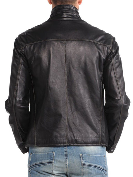 Noora Men’s Black Lambskin Leather Jacket with Stitched Design| Biker Leather Jacket With Band Collar| - Noora International