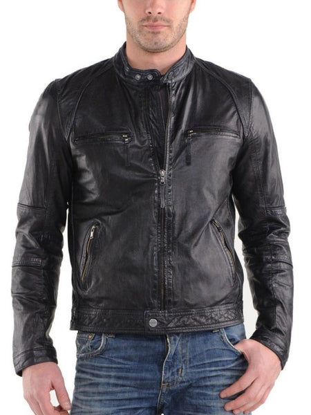 Noora Men's Black Lambskin Leather Jacket With Zipper & Pocket Designer Black Motorcycle biker Leather Jacket SU030 - Noora International