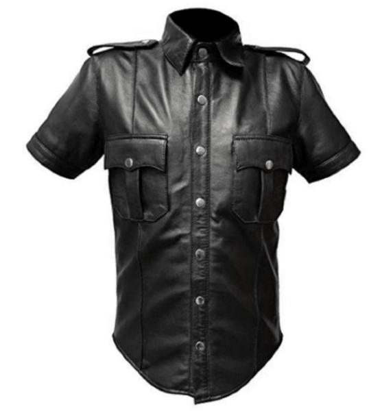 Noora Mens Black Lambskin Leather Police Uniform Shirt | Half Sleeve With Shoulder Strap With Button closure Black Shirt SU043 - Noora International