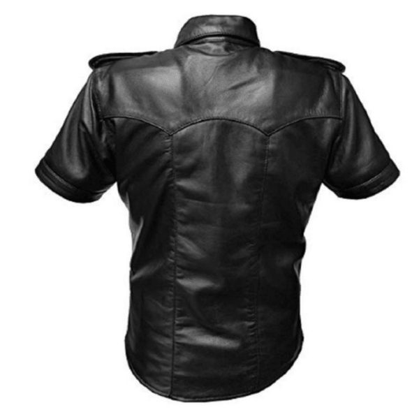 Noora Mens Black Lambskin Leather Police Uniform Shirt | Half Sleeve With Shoulder Strap With Button closure Black Shirt SU043 - Noora International