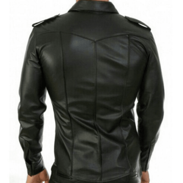 Noora Mens Black Lambskin Leather Police Uniform Shirt, Leather Shirt With Shoulder Strap & Button closure - Noora International