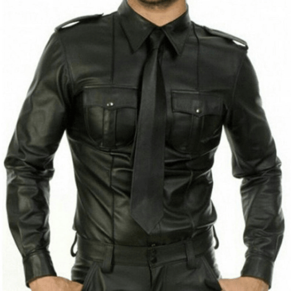 Noora Mens Black Lambskin Leather Police Uniform Shirt, Leather Shirt With Shoulder Strap & Button closure - Noora International
