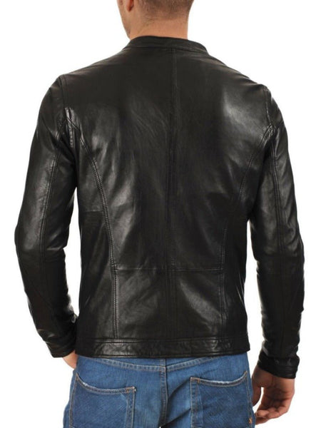 Noora Men's Black Lambskin Leather Racer Retro Motorcycle Biker Jacket With Zipper & Pocket SU020 - Noora International