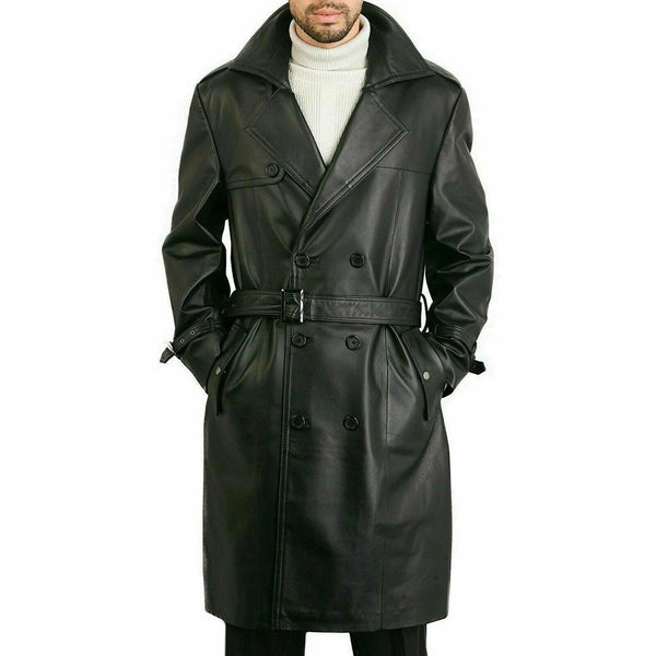 Noora Men's BLACK Lambskin Leather Trench Coat Genuine Lambskin Leather Jacket Long Trench - Noora International