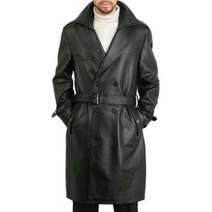 Noora Mens Black Lambskin Leather Trench Coat With Button & Belted | Black Belted Trench Coat SU063 - Noora International