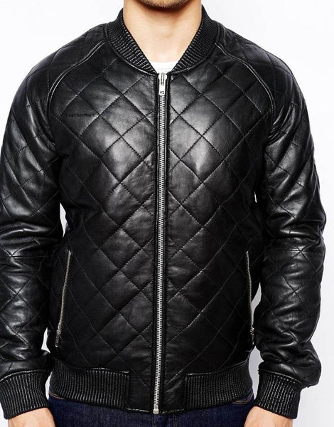 Noora Men’s black leather bomber jacket With Zipper & Pocket | Quilted Bomber Jacket | - Noora International