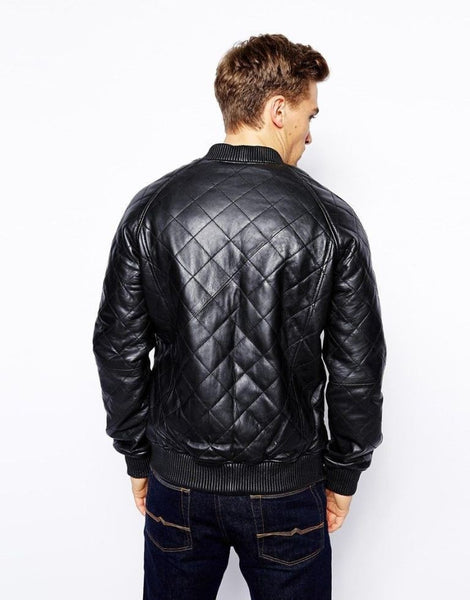 Noora Men’s black leather bomber jacket With Zipper & Pocket | Quilted Bomber Jacket | - Noora International