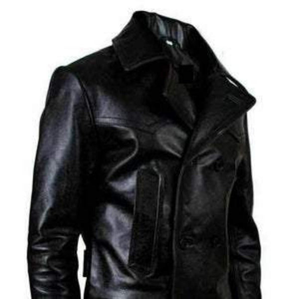 Noora Mens Black Leather Double Breasted Biker Leather Trench Coat | Black Belted Leather Trench Coat With Button Closure SU0132 - Noora International