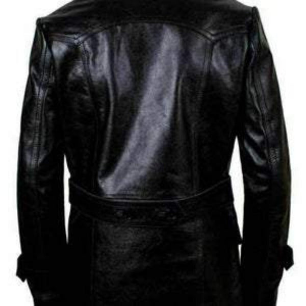 Noora Mens Black Leather Double Breasted Biker Leather Trench Coat | Black Belted Leather Trench Coat With Button Closure SU0132 - Noora International