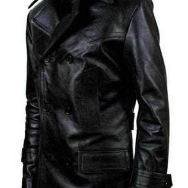 Noora Mens Black Leather Double Breasted Biker Leather Trench Coat | Black Belted Leather Trench Coat With Button Closure SU0132 - Noora International