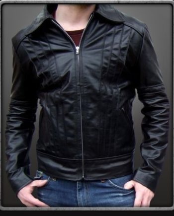 Noora Men’s black leather jacket with collar and detailing - Noora International
